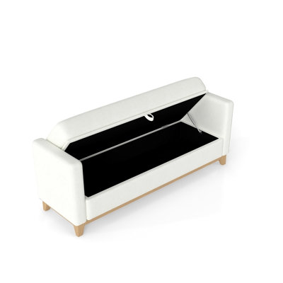 Banc de rangement en sherpa beige de 168 cm avec pieds en bois massif et 2 coussins cylindriques