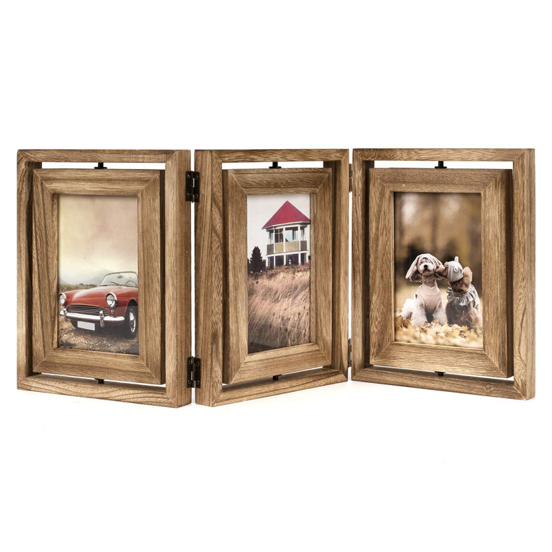 4X6 Picture Frame Rustic Wood Hinged Folding Triple Picture Frames Collage, Double-Sided Display Rotatable High Definition Glass Photo Frame For Home Tabletop(Carbonized Black)