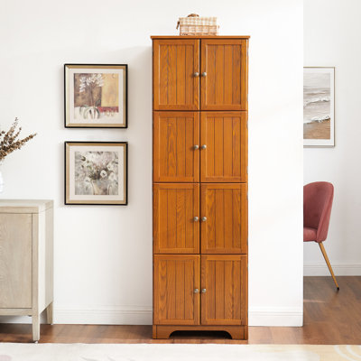72.4" Tall Storage Cabinet In Oak, 8 Doors 4 Shelves. For Various Areas. Smooth Exterior, Stable Construction Multiple Rooms. Finish, Foundation