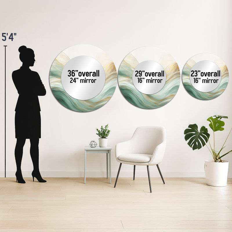 Sambor Gold And Green Soft Wave Fusion I - Abstract Shapes Large Wall Mirror, Modern Round Unique Mirror, Printed Metal Art