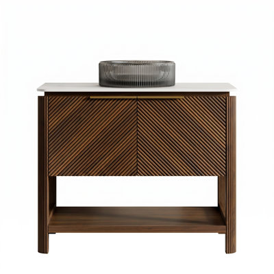 Modern Walnut Bathroom Vanity With Textured Doors, Sintered Stone Top, Black Glass Vessel Sink & Open Storage Shelf