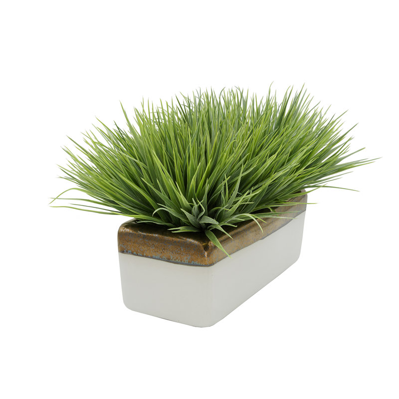 Herbe artificielle en pot de fleurs, Doré / Blanc, Vert pâle, H 13 po x L 20 po x P 13 po