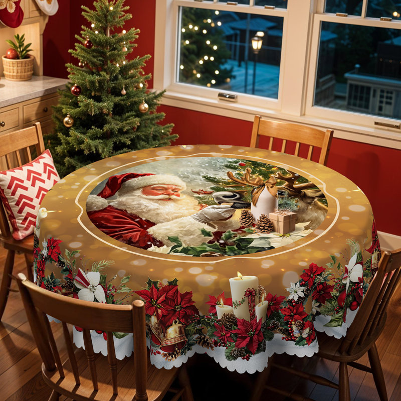 1pc Christmas Themed Print Tablecloth, Round/Rectangular Table Cloth, Mantel Para Mesa De Comedor, Xmas Decor, Holiday Party Indoor Dining Decor, Round Rectangle Christmas Table Cover, Festive Home Kitchen Accessory Gifts, Several Sizes Available