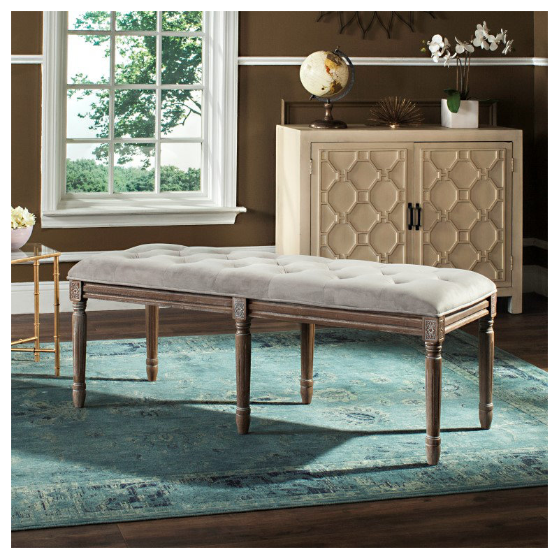Moneta Upholstered Bench, Gray Velvet/Rustic Oak
