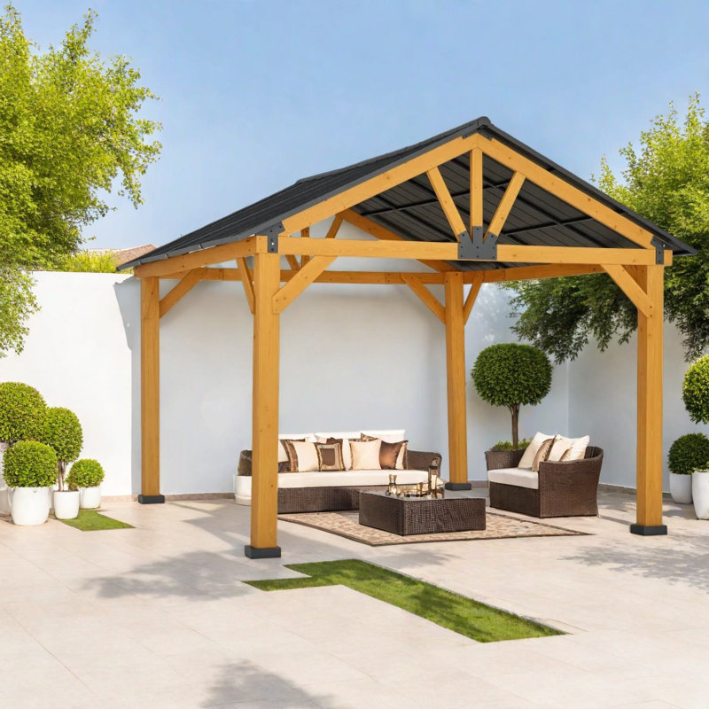 Pavillon de jardin en acier et bois durable, style rustique moderne pour le divertissement dans la cour