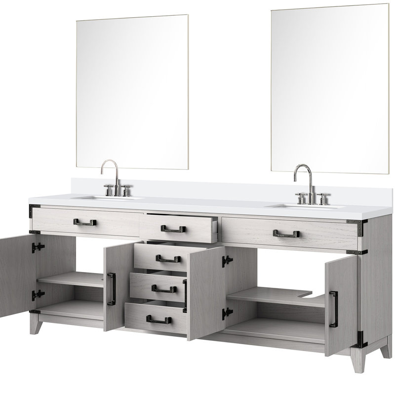 84 po Meuble-lavabo double en chêne blanc avec comptoir en quartz et robinet 84 po x 22 po, comptoir 36 po, finition