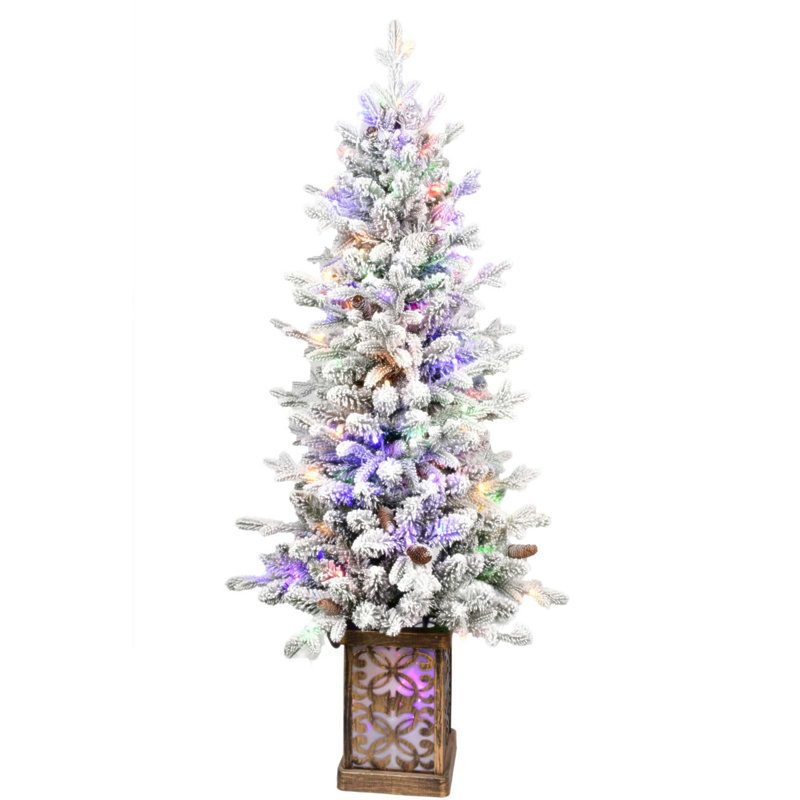 Arbre de Noël 4 pi avec lumières DEL multicolores, 396 pointes, base scintillante, 100 lumières, extrémités en PE / PVC avec pommes de pin - vasque colorée illuminée, décoration des Fêtes facile à assembler