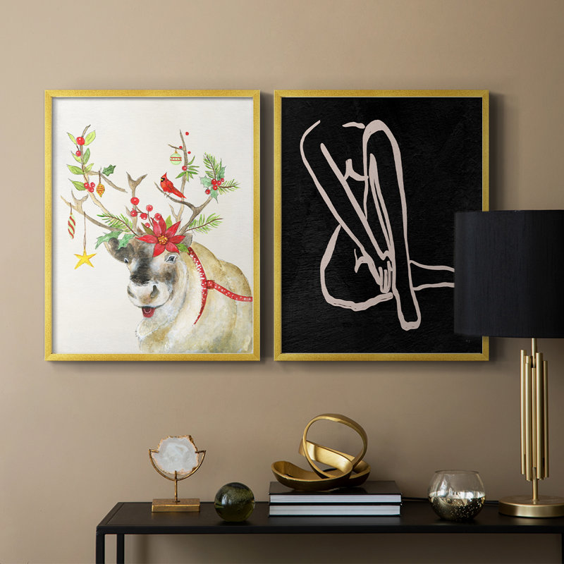 Playful Reindeer II - reproduction encadrée de qualité supérieure - prête à être accrochée - aucun clou requis - aucun clou requis