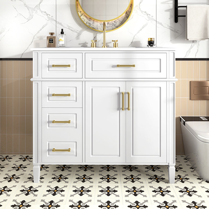 Meuble-lavabo de salle de bain avec lavabo en céramique, armoire de rangement avec quatre tiroirs et deux charnières à fermeture douce et tablette réglable