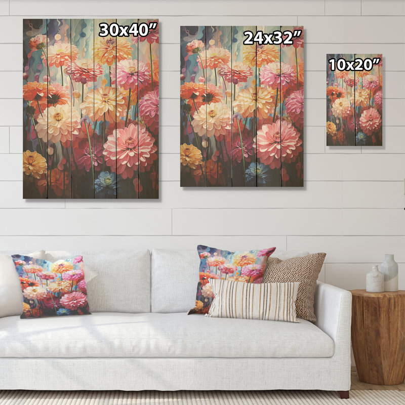 Zinnias champ discret - panneau de bois Zinnias, art mural sur bois de pin naturel, H 40 po x l 30 po
