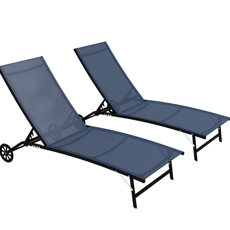 Chaise longue de plage avec roulettes, 5 positions réglables, bleu foncé pour la cour, chaise de position de piscine 2 pièces, plage, 2 pièces