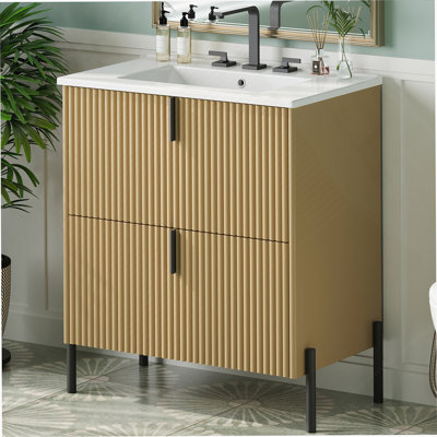 30" Bathroom Vanity with Ceramic Sink, Equipped with Vertical Pulls and Full-Extension Drawers, Freestanding Bathroom Vanity with Soft Close Drawer Slides, Fluted Design,