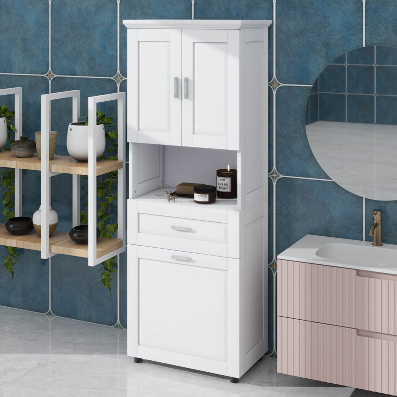 Tall Bathroom Cabinet With Tilt-Out Laundry Hamper Basket And Upper Storage,Storage Cabinet With Two Doors,Adjustable Shelf And Drawer