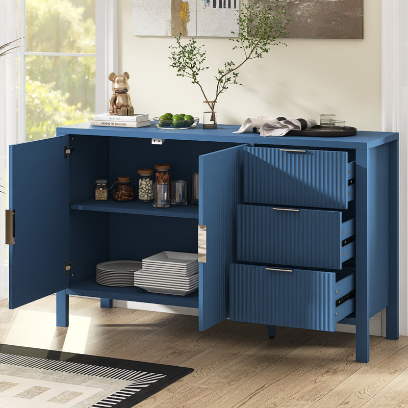 55.1" W Modern Sideboard With Adjustable Shelves,3 Drawers And Hooks, Blue
