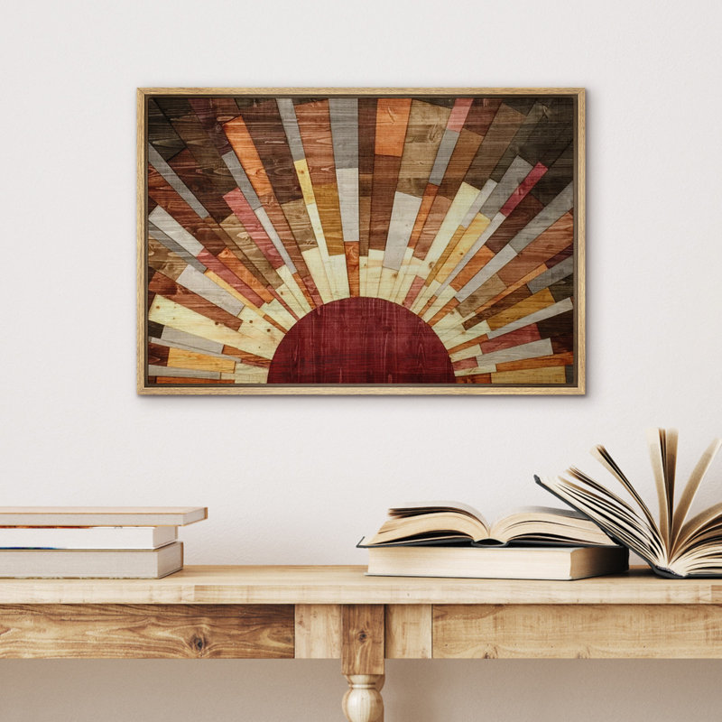 «Western Wood Effect Landscape Brown Sun Rays», impression rustique sur toile encadrée, Reproduction avec cadre flottant
