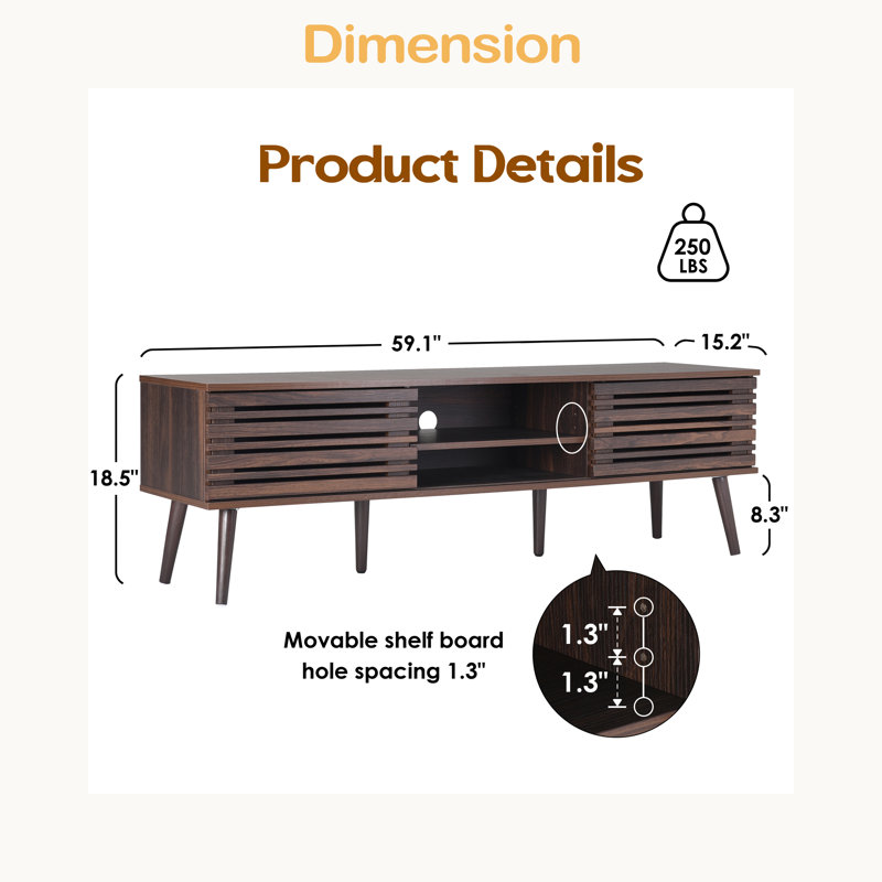 Mid Century Modern TV Stands For Up To 70" TV With Storage, Fluted Wood TV Stand For Living Room
