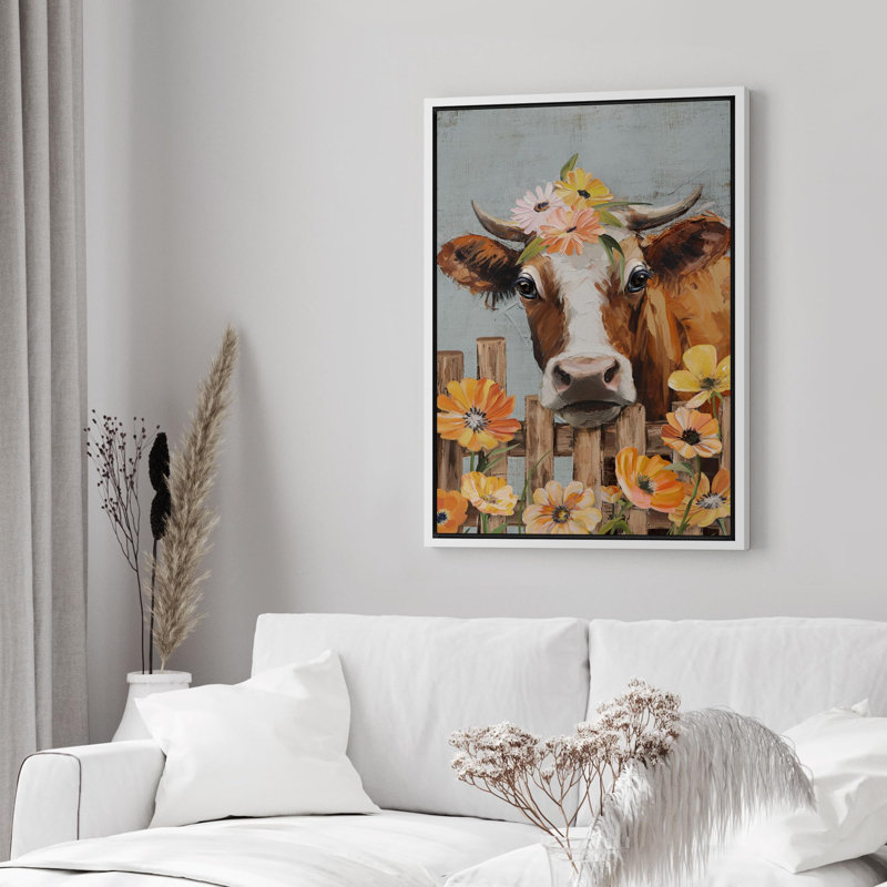 Portrait de vache sur fond gris, Cadre flottant blanc, H 36 po x l 24 po