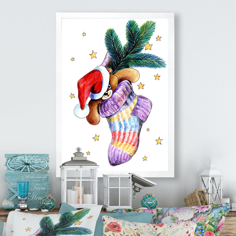 Ours en peluche dans des chaussettes de Noël - Décoration murale traditionnelle en toile, H 12 po x l 8 po x P 1 po