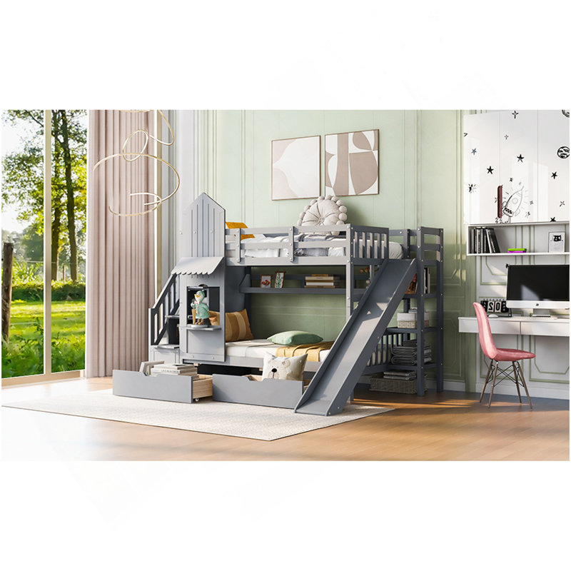 Lit superposé simple au-dessus d'un lit simple avec 2 tiroirs, 3 tablettes et glissière - gris, Gris