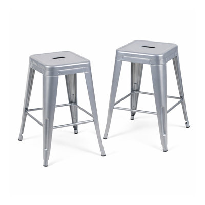 Ensemble de 2 tabourets à hauteur de comptoir sans dossier, tabourets de bar en métal argenté antique de 24 pouces pour îlot de cuisine et salle à manger