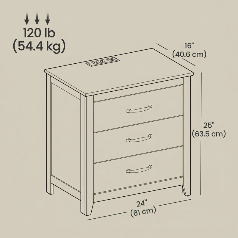 Allenside 24'' W 3-Drawer Nightstand with Charging Ports, Taupe