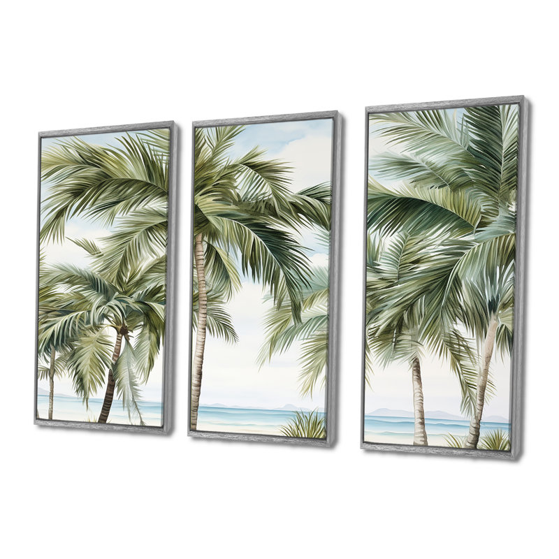 Palmiers sur la plage I - Ensemble de palmiers et palmiers, H 40 po x l 60 po, Cadre argenté flottant