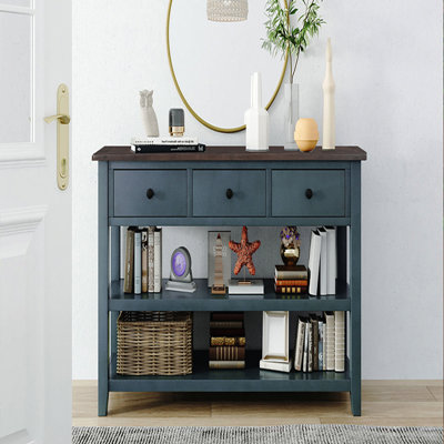 Console au design rétro, avec deux tablettes ouvertes, structure en bois de pin massif et pieds pour le salon