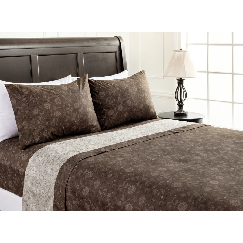 Brown Floral Print Twin Microfiber Sheet Set