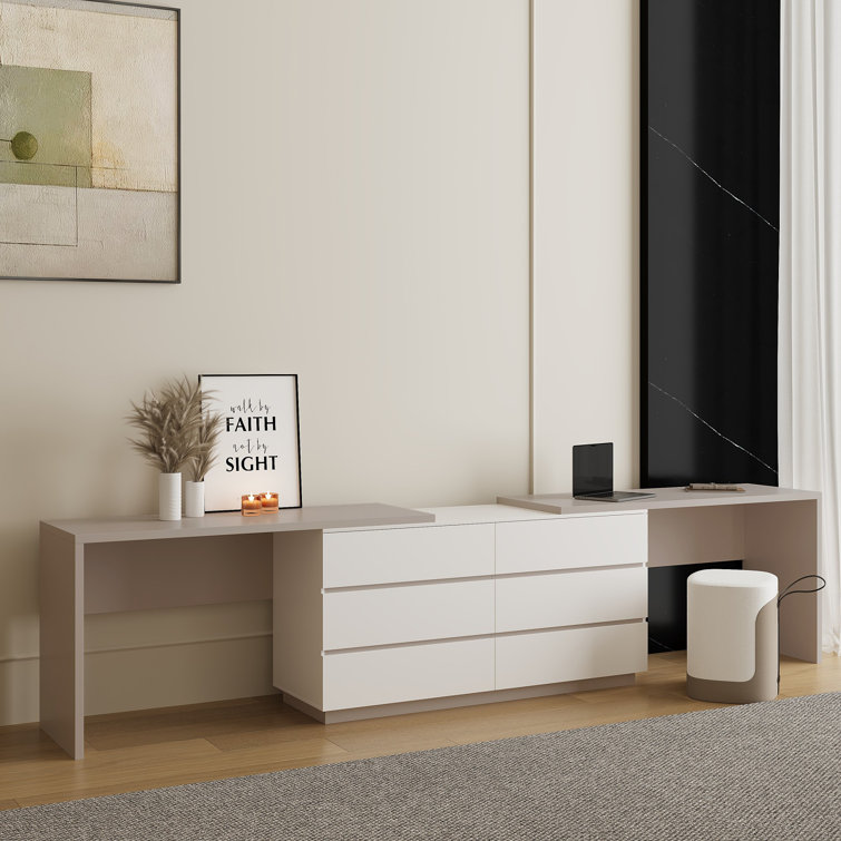 Jerymiah Modern Home Office Desk Extendable Dresser Desk Up To 114'' with Storage Drawers