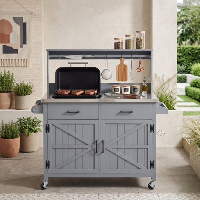 Solid Fir Wood Outdoor Kitchen Island Cart with Stainless Steel Top, 2 Drawers, Tool Hooks and Wheels