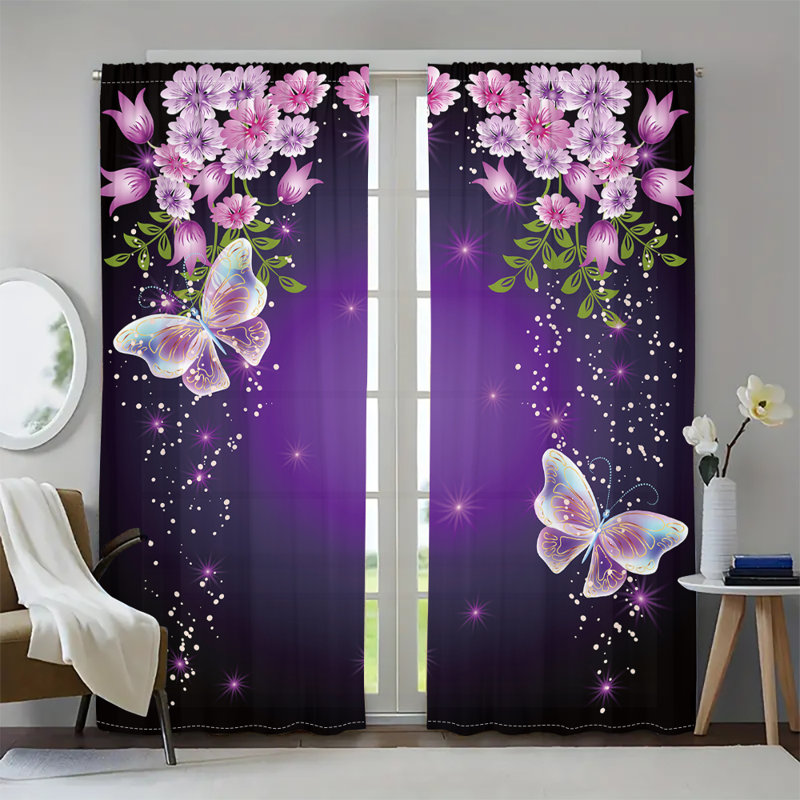 2Pcs Purple Butterfly Floral Print Curtains Rod Pocket Panels Digital Printing Light Blocking Window Treatment Polyester Material Modern Elegant Bedroom Living Room Dining Home Decor