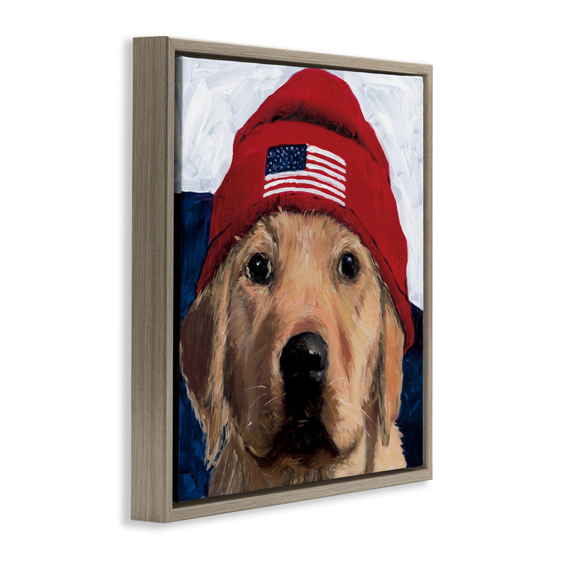 American Dog in Hat Floating Frame, conception de Wani Pasion, H 25 po x l 25 po, Cadre flottant orme Montalcino