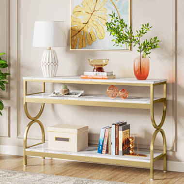 BYBLIGHT Turrella 70.9 in. Gold White Wood Long Console Table