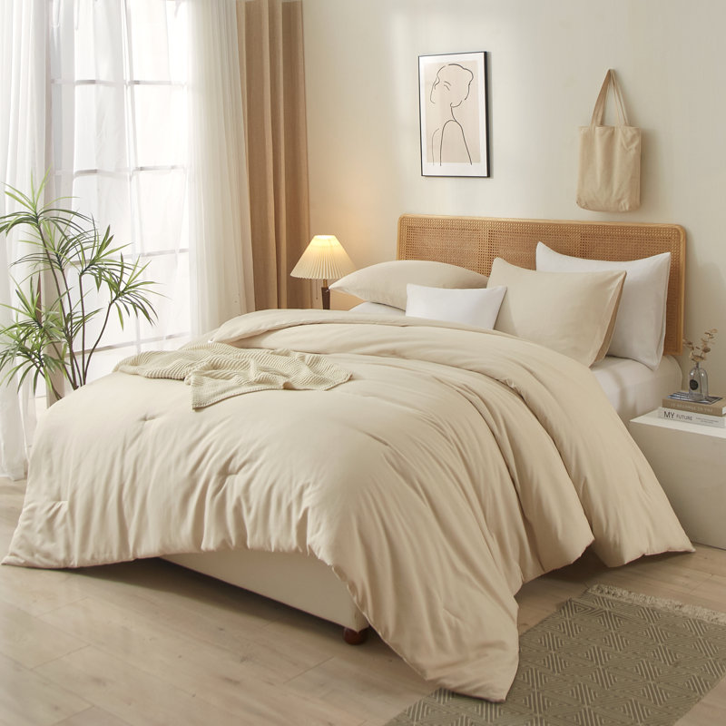 3-Piece 90g Lightweight All-season Microfiber Comforter Set, Beige, King Comforter + 2 King Shams