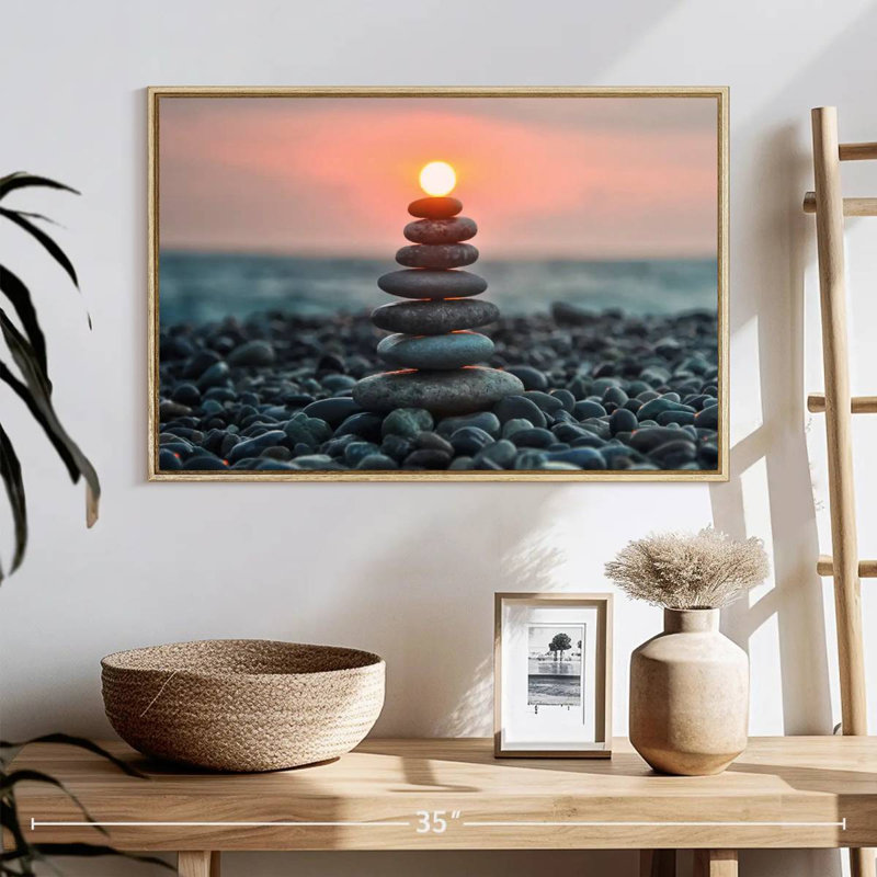 Zen pile au coucher du soleil, 25 po x 17 po, Cadre flottant en bois naturel