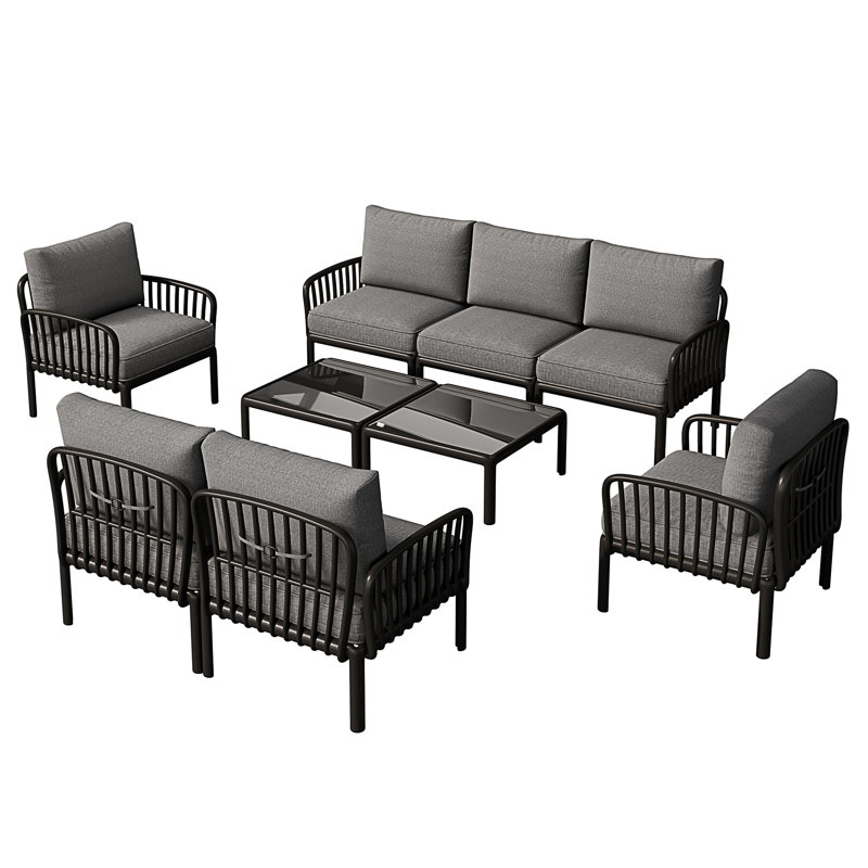 Ensemble de conversation pour patio 9 pièces, Gris foncé, Noir, 9 pièces: 2 tables, canapé, causeuse, 2 chaises