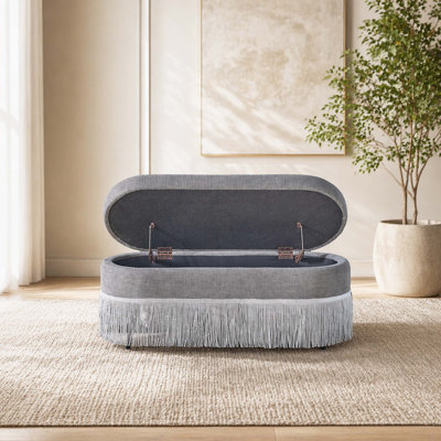 Oval Woven Fabric Storage Ottoman Bench with Fringe Trim, Lift-Top Hidden Storage Chest with Metal Support Legs for Bedroom Bed End & Living Room