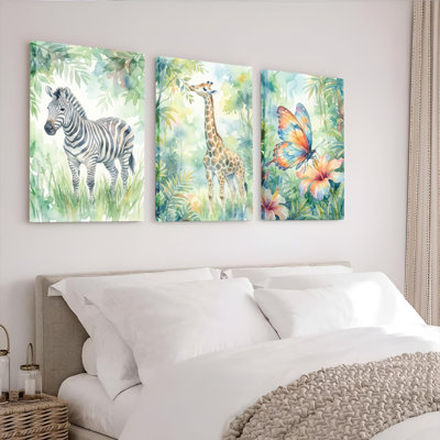 Zebra Giraffe And Butterfly Watercolor Canvas Wrapped Wall Art Oil Painting Print Set Of 3 For Living Room Bedroom Nursery Decor