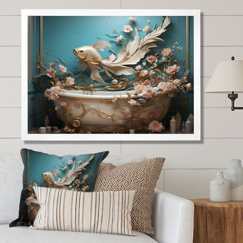 Art déco de salle de bain II - Art mural de salle de bain, H 30 po x l 40 po x P 1,5 po, Cadre simple blanc