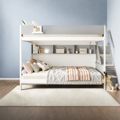 Lit gain de place double XL superposé à un lit queen avec rangement, en bois MDF, gris moderne pour la maison