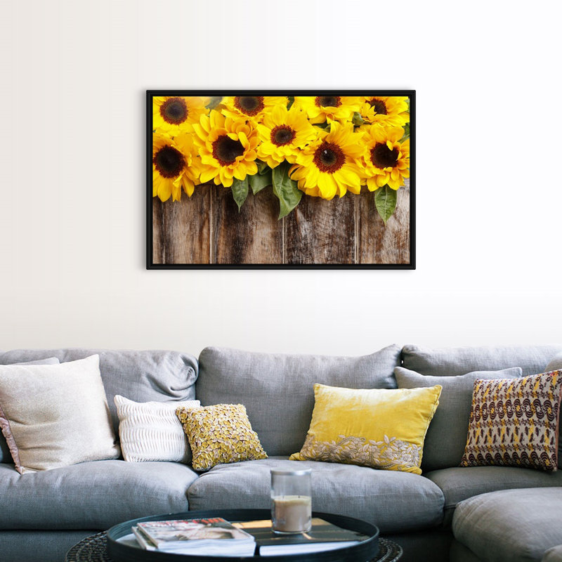 Tournesols sur fond en bois, art mural, H 48 po x l 32 po x P 1,75 po, Cadre noir