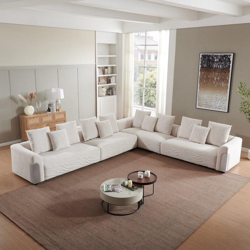 179.53” Wide L Shaped Sectional Sofa Couch For Living Room, White Chenille