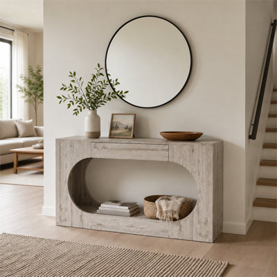 Console étroite avec une finition de grain de bois gris; Fabriqué en panneau de particules avec des tiroirs et une conception ovale, idéal pour les entrées, les couloirs et les salons.