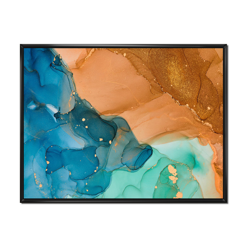 «Brown and Blue Luxury Abstract Fluid Art IV», reproduction sur toile, H 12 po x l 20 po, Cadre flottant noir