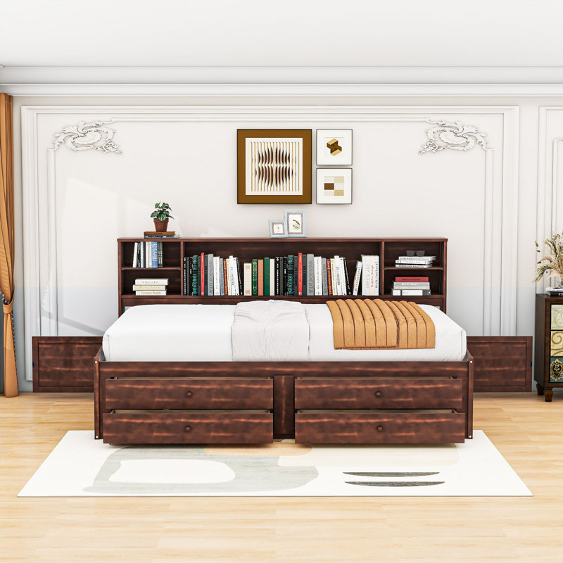 Cheketa Full-Size Wooden Daybed with Built-in Storage Shelves, Drawers