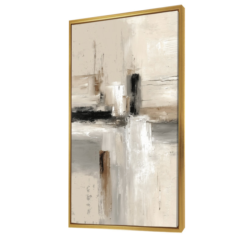 "Brown and Black Brushstroke", peinture abstraite sur toile brune, H 60 po x l 28 po, Cadre flottant, Doré
