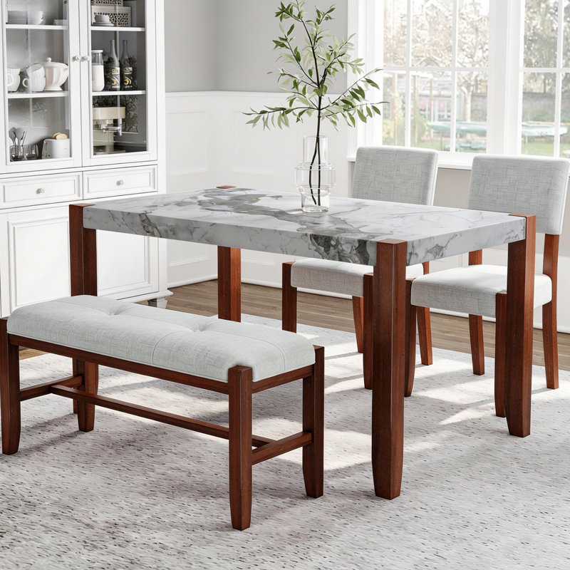 Ensemble de salle à manger 4 pièces, 1 table avec 2 chaises rembourrées et 1 banc pour la salle à manger, Beige
