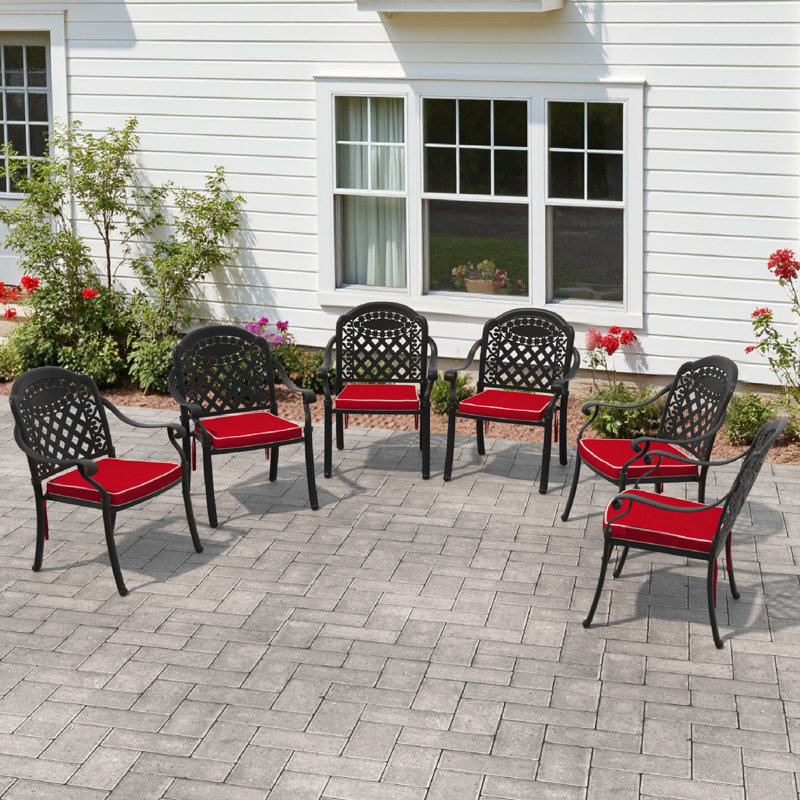  Ensemble repas de patio avec table rectangulaire, coussins rouges inclus, 6