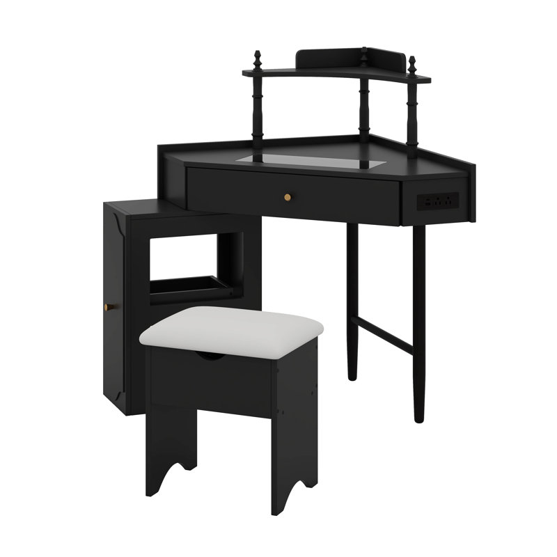 Table de coiffeuse de coin avec station de charge et plateau de rangement en verre avec tabouret de rangement, Black