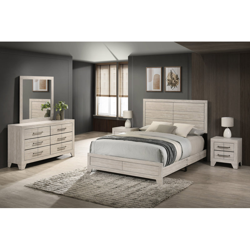 Ensemble de chambre à coucher Deegan en chêne gris rustique, 5 pièces: lit, 2 tables de chevet, commode, miroi